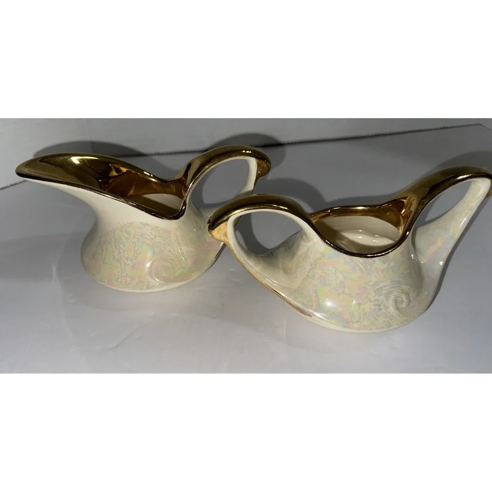 Vtg 22 Karat Gold‎ Leaf Creamer & Open Sugar Pearl China Co 1950's Lusterware